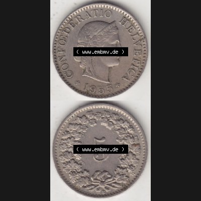 Münzen Schweiz 1940-1980, 5 Rappen Mzz. B 1955 I., Münzen Vollansicht Vertikal als Bildmaterial im online Katalog und online Datenbank für Sammler von Schweizer... Sammlung