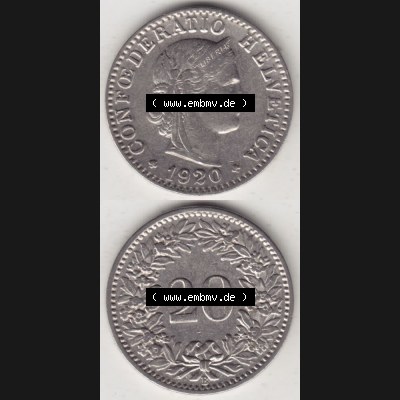 Münzen Schweiz 1881-1938, 20 Rappen Münzzeichen / Mzz. B 1920 II, Münzen Vollansicht Vertikal als Bildmaterial im online Katalog und online Datenbank für Sammler... Sammlung