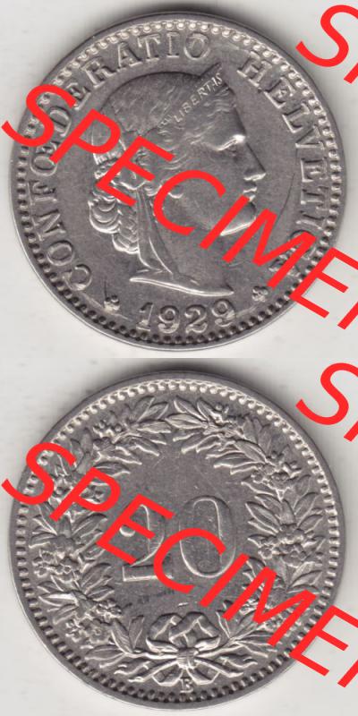 Münzen Schweiz 1881-1938, 20 Rappen Münzzeichen / Mzz. B 1929, Münzen Vollansicht Vertikal als Bildmaterial im online Katalog und online Datenbank für Sammler... Sammlung