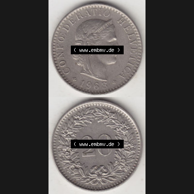 Münzen Schweiz 1939-2018, 20 Rappen Münzzeichen / Mzz. B 1963 III., Münzen Vollansicht Vertikal als Bildmaterial im online Katalog und online Datenbank für... Sammlung
