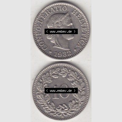 Münzen Schweiz 1932-1939, 10 Rappen B 1932 I., Münzen Vollansicht Vertikal als Bildmaterial für Mobile-Geräte Sammlung
