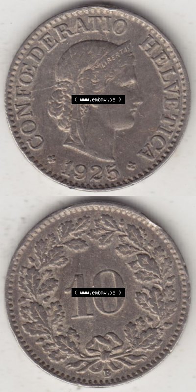Münzen Schweiz 1919-1931, 10 Rappen B 1925 IV., Münzen Vollansicht Vertikal als Bildmaterial für Mobile-Geräte Sammlung