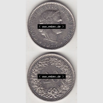 Münzen Schweiz 1939-2018, 20 Rappen Münzzeichen / Mzz. B 1977, Münzen Vollansicht Vertikal als Bildmaterial im online Katalog und online Datenbank für Sammler... Sammlung