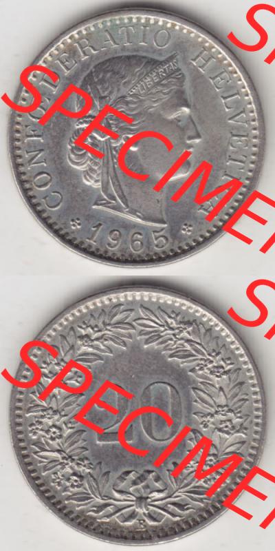 Münzen Schweiz 1939-2018, 20 Rappen Münzzeichen / Mzz. B 1965, Münzen Vollansicht Vertikal als Bildmaterial im online Katalog und online Datenbank für Sammler... Sammlung
