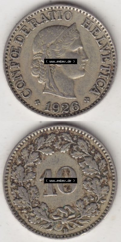 Münzen Schweiz 1919-1931, 10 Rappen B 1926, Münzen Vollansicht Vertikal als Bildmaterial für Mobile-Geräte Sammlung