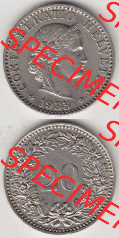 Münzen Schweiz 1881-1938, 20 Rappen Münzzeichen / Mzz. B 1933 II., Münzen Vollansicht Vertikal als Bildmaterial im online Katalog und online Datenbank für... Sammlung