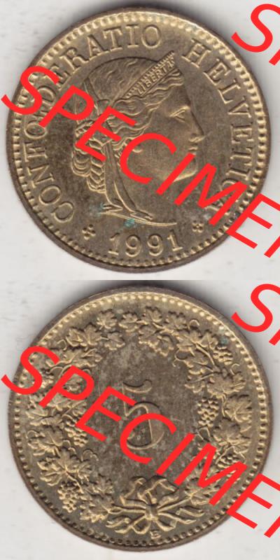 Münzen Schweiz 1979-Heute, 5 Rappen Mzz. B 1991, Münzen Vollansicht Vertikal als Bildmaterial im online Katalog und online Datenbank für Sammler von Schweizer Münzen... Sammlung