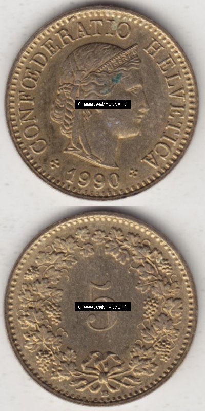 Münzen Schweiz 1979-Heute, 5 Rappen Mzz. B 1990, Münzen Vollansicht Vertikal als Bildmaterial im online Katalog und online Datenbank... Sammlung