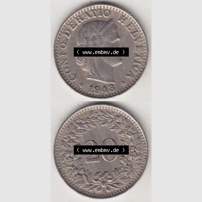 Münzen Schweiz 1939-Heuite, 20 Rappen Münzzeichen / Mzz. B 1943 II., Münzen Vollansicht Horizontal als Bildmaterial im online Katalog und online Datenbank für... Sammlung