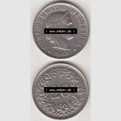Münzen Schweiz 1939-Heute, 20 Rappen Münzzeichen / Mzz. B 1945, Münzen Vollansicht Vertikal als Bildmaterial im online Katalog und online Datenbank für Sammler... Sammlung