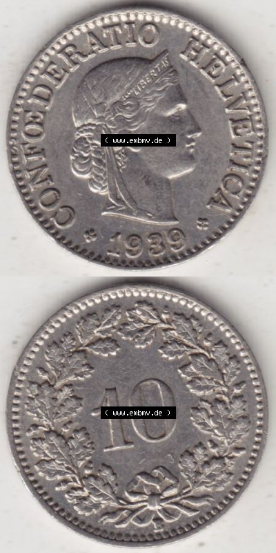 Münzen Schweiz 1932-1939, 10 Rappen B 1939 II., Münzen Vollansicht Vertikal als Bildmaterial für Mobile-Geräte Sammlung