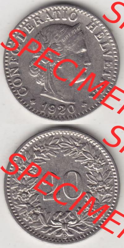Münzen Schweiz 1881-1938, 20 Rappen Münzzeichen / Mzz. B 1920 II, Münzen Vollansicht Vertikal als Bildmaterial im online Katalog und online Datenbank für Sammler... Sammlung