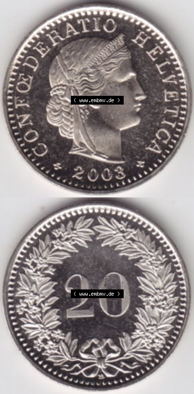 Münzen Schweiz 1939-2018, 20 Rappen 2003, Münzen Vollansicht Vertikal als Bildmaterial im online Katalog und online Datenbank... Sammlung