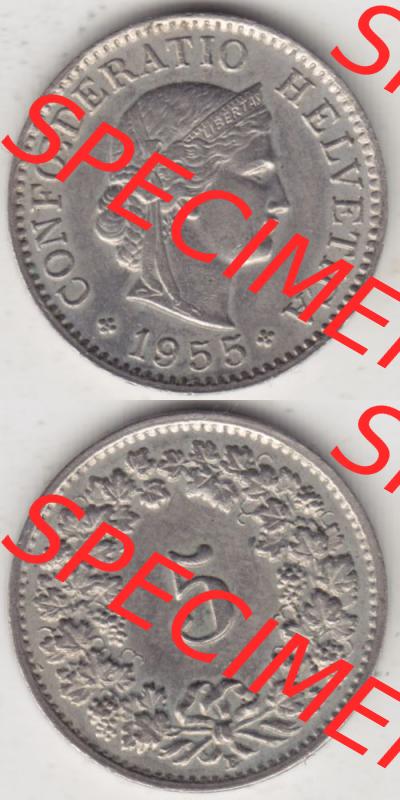 Münzen Schweiz 1940-1980, 5 Rappen Mzz. B 1955 II., Münzen Vollansicht Vertikal als Bildmaterial im online Katalog und online Datenbank für Sammler von Schweizer... Sammlung