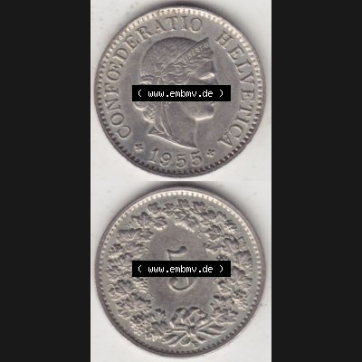 Münzen Schweiz 1940-1980, 5 Rappen Mzz. B 1955 II., Münzen Vollansicht Vertikal als Bildmaterial im online Katalog und online Datenbank für Sammler von Schweizer... Sammlung