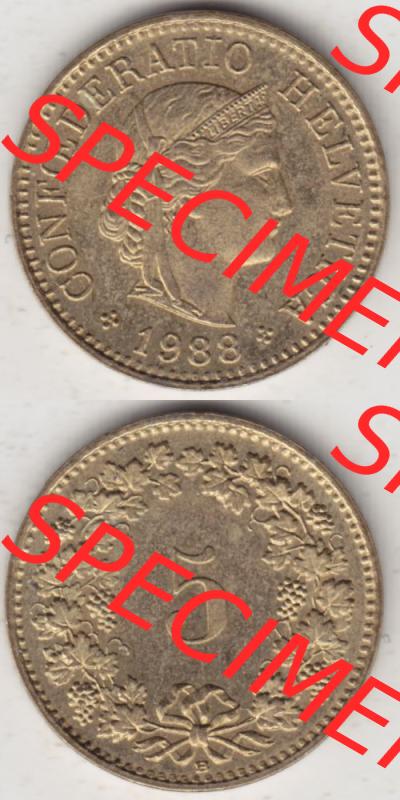 Münzen Schweiz 1979-Heute, 5 Rappen Mzz. B 1988, Münzen Vollansicht Vertikal als Bildmaterial im online Katalog und online Datenbank für Sammler von Schweizer Münzen... Sammlung