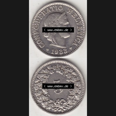 Münzen Schweiz 1932-1941, 5 Rappen Mzz. B 1933, Münzen Vollansicht Vertikal als Bildmaterial im online Katalog und online Datenbank für Sammler von Schweizer Münzen... Sammlung