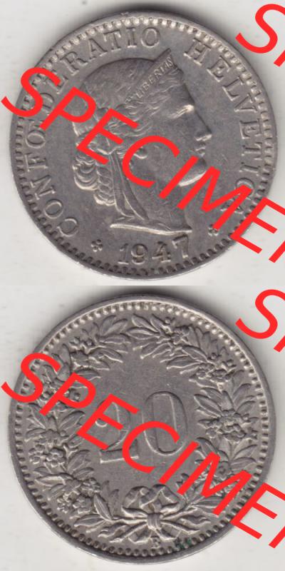 Münzen Schweiz 1939-Heute, 20 Rappen Münzzeichen / Mzz. B 1947 I., Münzen Vollansicht Vertikal als Bildmaterial im online Katalog und online Datenbank für... Sammlung