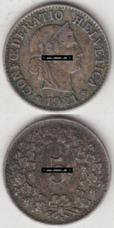 Münzen Schweiz 1919-1931, 5 Rappen Mzz. B 1921, Münzen Vollansicht Vertikal als Bildmaterial im online Katalog und online Datenbank... Sammlung