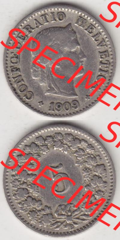 Münzen Schweiz 1879-1917, 5 Rappen Mzz. B 1909, Münzen Vollansicht Vertikal als Bildmaterial im online Katalog und online Datenbank für Sammler von Schweizer Münzen... Sammlung