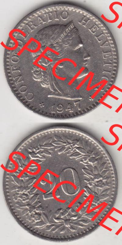 Münzen Schweiz 1939-Heute, 20 Rappen Münzzeichen / Mzz. B 1947 III., Münzen Vollansicht Vertikal als Bildmaterial im online Katalog und online Datenbank für... Sammlung