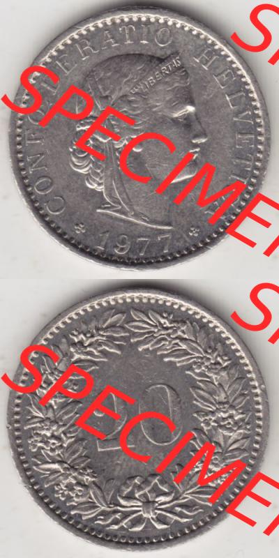 Münzen Schweiz 1939-2018, 20 Rappen Münzzeichen / Mzz. B 1977, Münzen Vollansicht Vertikal als Bildmaterial im online Katalog und online Datenbank für Sammler... Sammlung