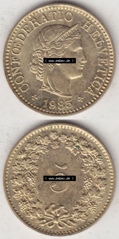 Münzen Schweiz 1979-Heute, 5 Rappen Mzz. B 1985, Münzen Vollansicht Vertikal als Bildmaterial im online Katalog und online Datenbank... Sammlung