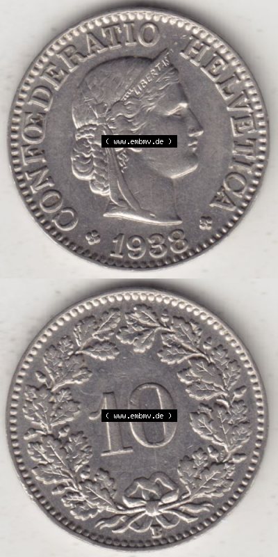 Münzen Schweiz 1932-1939, 10 Rappen B 1938 II., Münzen Vollansicht Vertikal als Bildmaterial für Mobile-Geräte Sammlung