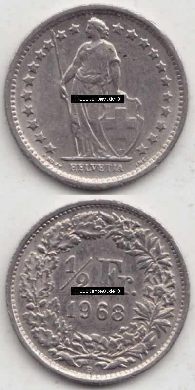 Münzen Schweiz 1968-1982, 1/2 Franken mit Münzzeichen / Mzz. B 1968 I, Münzen Vollansicht Vertikal als Bildmaterial für Mobile-Geräte Sammlung