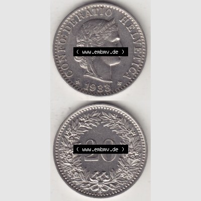 Münzen Schweiz 1881-1938, 20 Rappen Münzzeichen / Mzz. B 1933 I., Münzen Vollansicht Vertikal als Bildmaterial im online Katalog und online Datenbank für... Sammlung