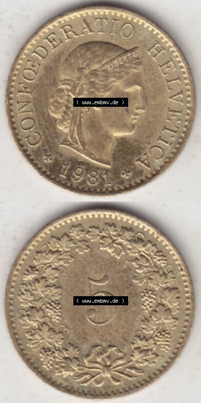 Münzen Schweiz 1979-Heute, 5 Rappen Mzz. B 1981 II., Münzen Vollansicht Vertikal als Bildmaterial im online Katalog und online... Sammlung