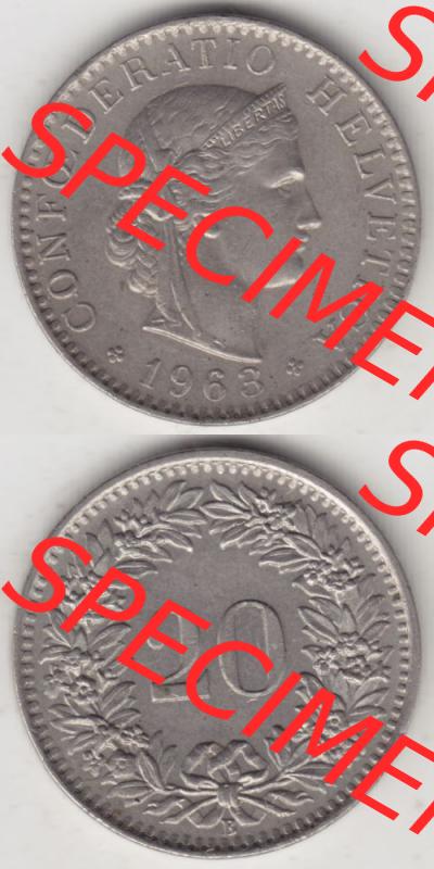 Münzen Schweiz 1939-2018, 20 Rappen Münzzeichen / Mzz. B 1963 III., Münzen Vollansicht Vertikal als Bildmaterial im online Katalog und online Datenbank für... Sammlung