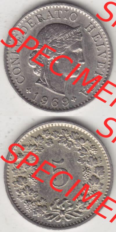 Münzen Schweiz 1940-1980, 5 Rappen Mzz. B 1969, Münzen Vollansicht Vertikal als Bildmaterial im online Katalog und online Datenbank für Sammler von Schweizer Münzen... Sammlung