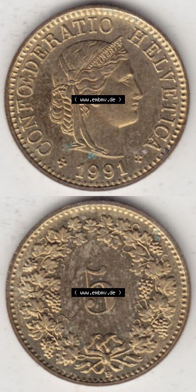 Münzen Schweiz 1979-Heute, 5 Rappen Mzz. B 1991, Münzen Vollansicht Vertikal als Bildmaterial im online Katalog und online Datenbank... Sammlung