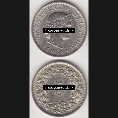 Münzen Schweiz 1940-1980, 5 Rappen Mzz. B 1969, Münzen Vollansicht Vertikal als Bildmaterial im online Katalog und online Datenbank für Sammler von Schweizer Münzen... Sammlung