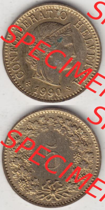 Münzen Schweiz 1979-Heute, 5 Rappen Mzz. B 1990, Münzen Vollansicht Vertikal als Bildmaterial im online Katalog und online Datenbank für Sammler von Schweizer Münzen... Sammlung