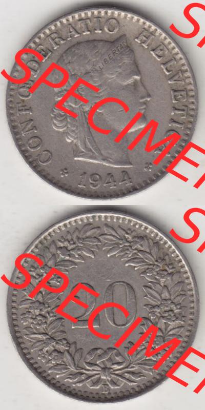Münzen Schweiz 1939-Heute, 20 Rappen Münzzeichen / Mzz. B 1944 III., Münzen Vollansicht Horizontal als Bildmaterial im online Katalog und online Datenbank für... Sammlung