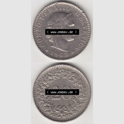 Münzen Schweiz 1939-2018, 20 Rappen Münzzeichen / Mzz. B 1963 I., Münzen Vollansicht Vertikal als Bildmaterial im online Katalog und online Datenbank für... Sammlung