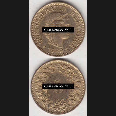Münzen Schweiz 1979-Heute, 5 Rappen Mzz. B 1989, Münzen Vollansicht Vertikal als Bildmaterial im online Katalog und online Datenbank für Sammler von Schweizer Münzen... Sammlung