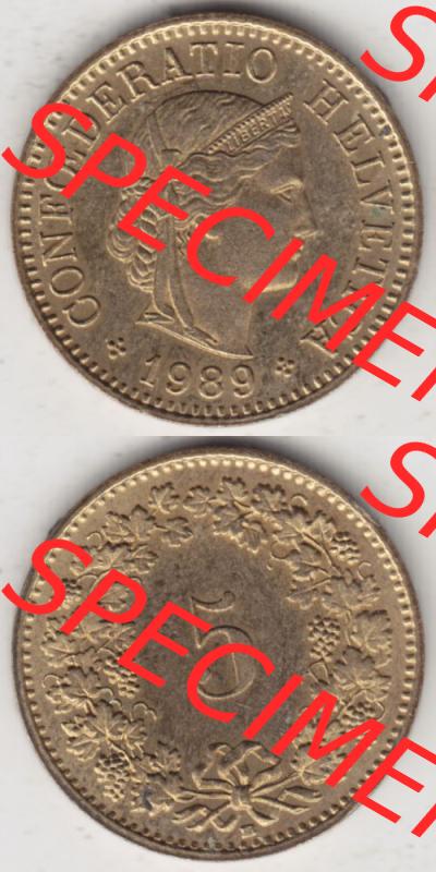 Münzen Schweiz 1979-Heute, 5 Rappen Mzz. B 1989, Münzen Vollansicht Vertikal als Bildmaterial im online Katalog und online Datenbank für Sammler von Schweizer Münzen... Sammlung