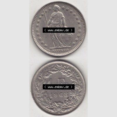 Münzen Schweiz 1968-1982, 1 Franken mit Münzzeichen / Mzz. B 1968 III., Münzen Vollansicht Vertikal als Bildmaterial im online Katalog und online Datenbank... Sammlung