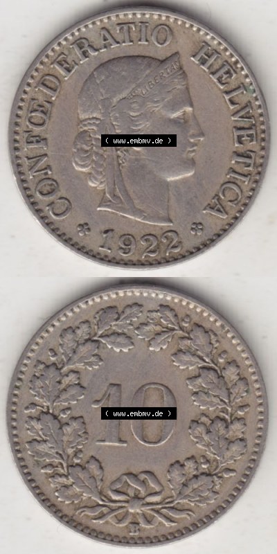 Münzen Schweiz 1919-1931, 10 Rappen B 1922, Münzen Vollansicht Vertikal als Bildmaterial für Mobile-Geräte Sammlung
