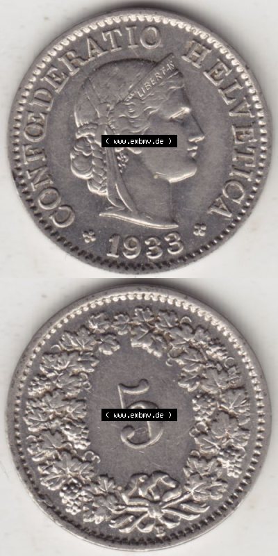 Münzen Schweiz 1932-1941, 5 Rappen Mzz. B 1933, Münzen Vollansicht Vertikal als Bildmaterial im online Katalog und online Datenbank... Sammlung