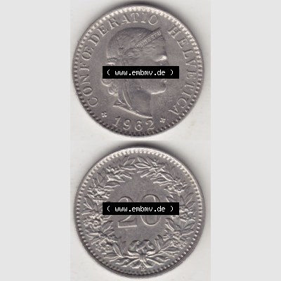 Münzen Schweiz 1939-2018, 20 Rappen Münzzeichen / Mzz. B 1962 III., Münzen Vollansicht Vertikal als Bildmaterial im online Katalog und online Datenbank für... Sammlung