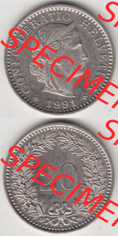 Münzen Schweiz 1939-2018, 20 Rappen Münzzeichen / Mzz. B 1991, Münzen Vollansicht Horizontal als Bildmaterial im online Katalog und online Datenbank für Sammler... Sammlung