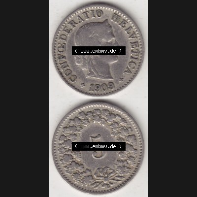 Münzen Schweiz 1879-1917, 5 Rappen Mzz. B 1909, Münzen Vollansicht Vertikal als Bildmaterial im online Katalog und online Datenbank für Sammler von Schweizer Münzen... Sammlung