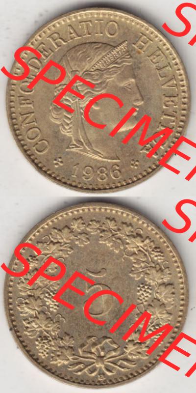 Münzen Schweiz 1979-Heute, 5 Rappen Mzz. B 1986 II., Münzen Vollansicht Vertikal als Bildmaterial im online Katalog und online Datenbank für Sammler von Schweizer... Sammlung
