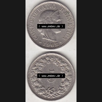 Münzen Schweiz 1940-1980, 5 Rappen Mzz. B 1962, Münzen Vollansicht Vertikal als Bildmaterial im online Katalog und online Datenbank für Sammler von Schweizer Münzen... Sammlung