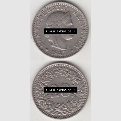 Münzen Schweiz 1939-2018, 20 Rappen Münzzeichen / Mzz. B 1947, Münzen Vollansicht Vertikal als Bildmaterial im online Katalog und online Datenbank für Sammler... Sammlung