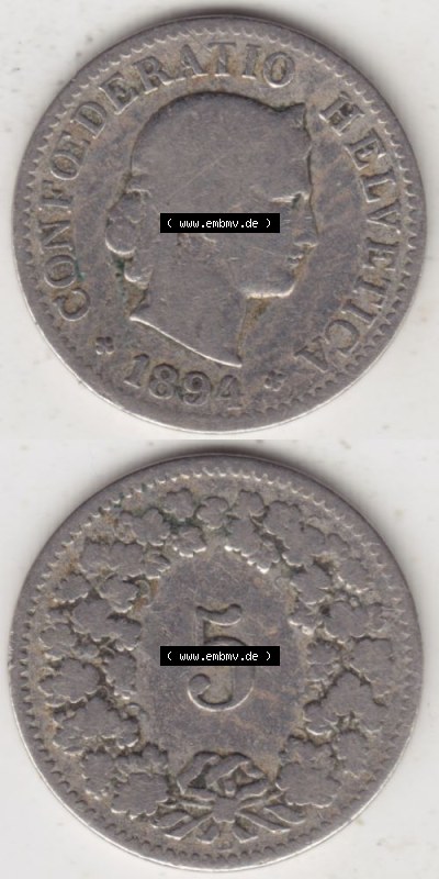Münzen Schweiz 1879-1917, 5 Rappen Mzz. B 1894, Münzen Vollansicht Vertikal als Bildmaterial im online Katalog und online Datenbank... Sammlung